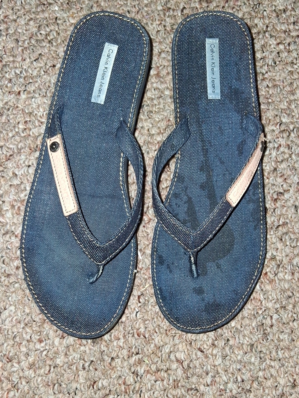 Calvin Klein Jeans Dark Blue Denim Flip Flops with Tan Accents